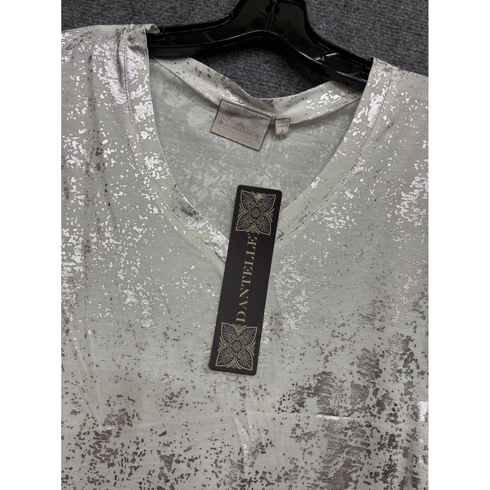 Metallic Silver Foil Dantelle Splatter V-Neck Tee Grey Mesh Print Top Large
